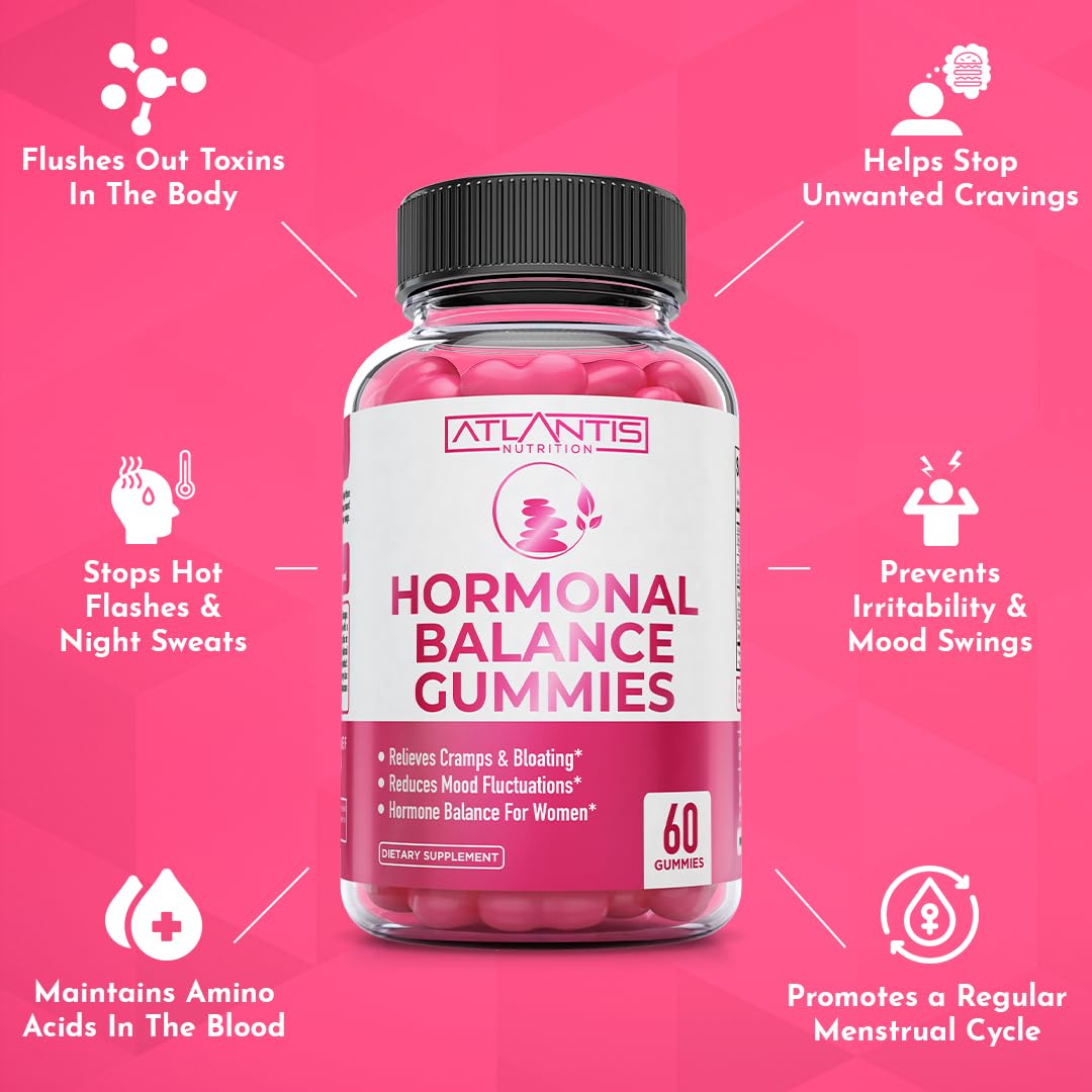 Atlantis Nutrition Hormonal Balance for Women & PMS Relief Gummies - Alleviates Cramps, Bloating, Mood Swings, Hot Flashes & Night Sweats - Cranberry, Dong Quai & Chasteberry Menstrual Cramp Relief - Maple Wellness Supplements