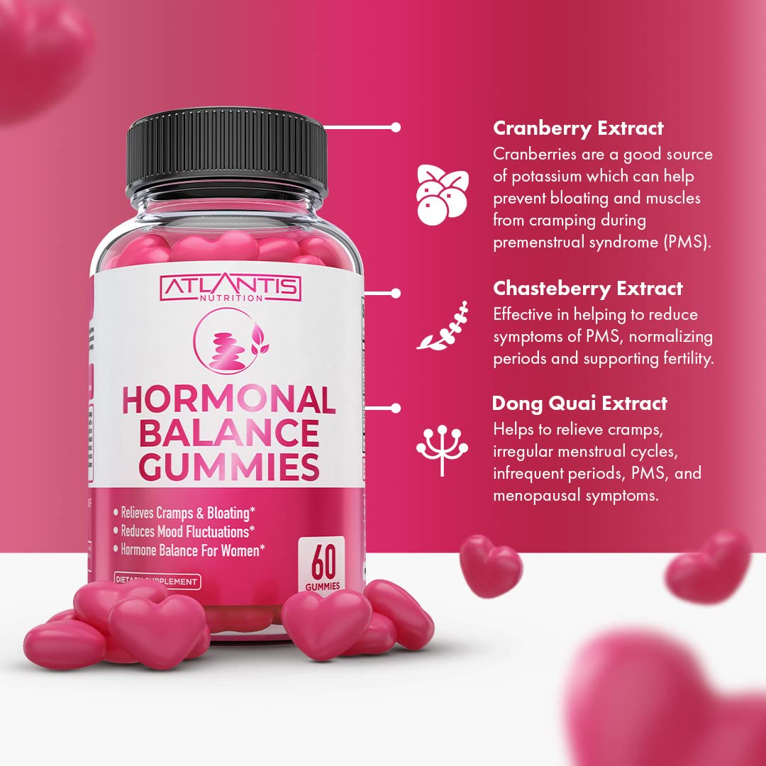 Atlantis Nutrition Hormonal Balance for Women & PMS Relief Gummies - Alleviates Cramps, Bloating, Mood Swings, Hot Flashes & Night Sweats - Cranberry, Dong Quai & Chasteberry Menstrual Cramp Relief - Maple Wellness Supplements