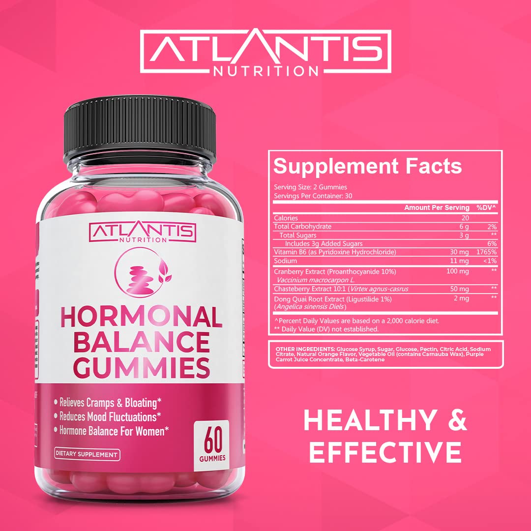 Atlantis Nutrition Hormonal Balance for Women & PMS Relief Gummies - Alleviates Cramps, Bloating, Mood Swings, Hot Flashes & Night Sweats - Cranberry, Dong Quai & Chasteberry Menstrual Cramp Relief - Maple Wellness Supplements