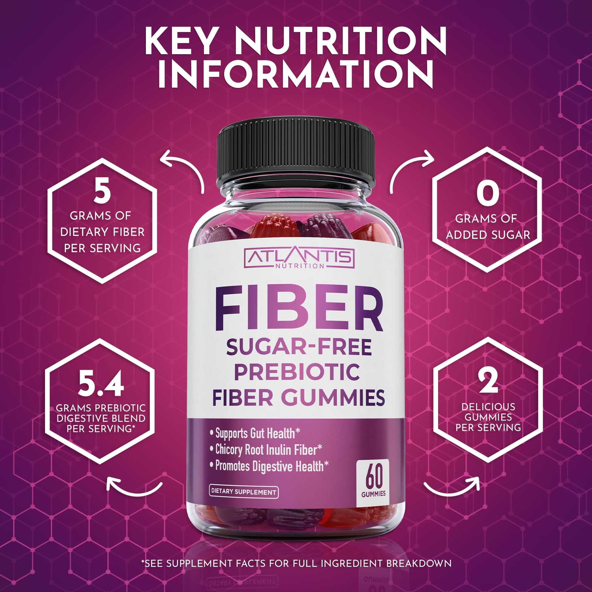 Atlantis Nutrition Sugar Free Fiber Gummies for Adults - 5G Fiber Supplement Formulated with 5.4G Prebiotic Digestive Blend/Serving - Supports Gut Health & Healthy Digestion - Maple Wellness Supplements
