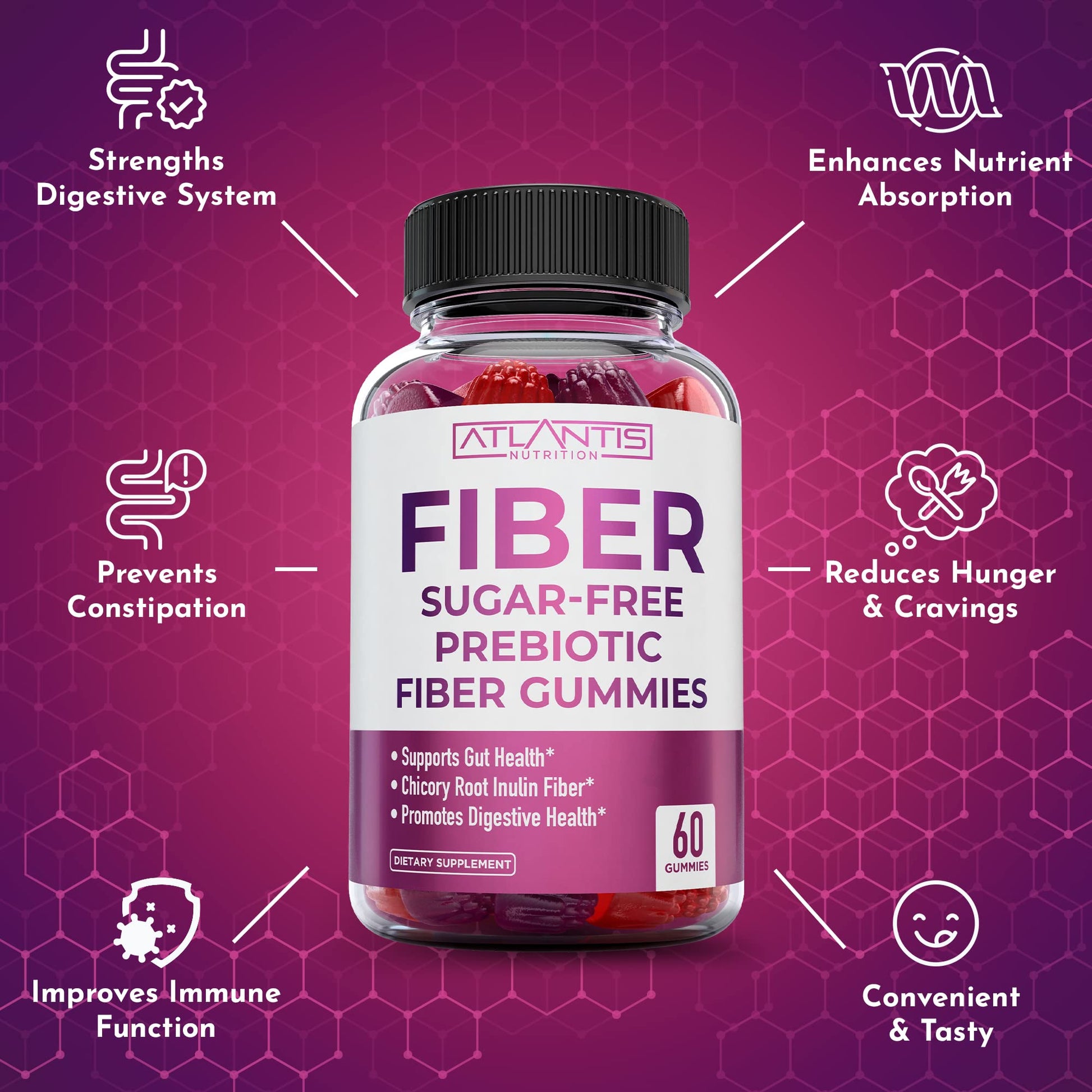 Atlantis Nutrition Sugar Free Fiber Gummies for Adults - 5G Fiber Supplement Formulated with 5.4G Prebiotic Digestive Blend/Serving - Supports Gut Health & Healthy Digestion - Maple Wellness Supplements