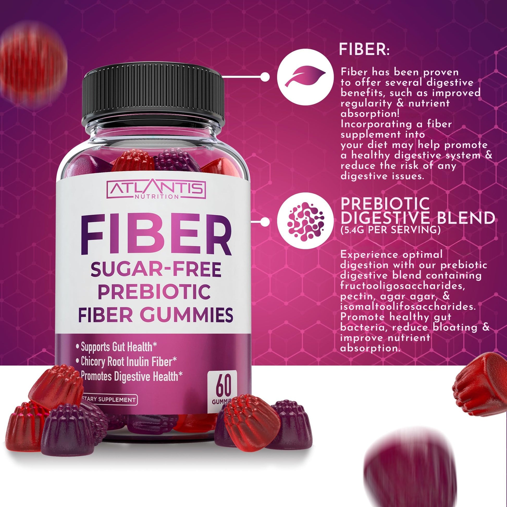 Atlantis Nutrition Sugar Free Fiber Gummies for Adults - 5G Fiber Supplement Formulated with 5.4G Prebiotic Digestive Blend/Serving - Supports Gut Health & Healthy Digestion - Maple Wellness Supplements