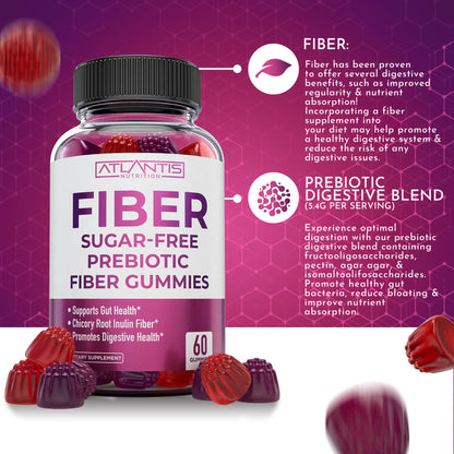 Atlantis Nutrition Sugar Free Fiber Gummies for Adults - 5G Fiber Supplement Formulated with 5.4G Prebiotic Digestive Blend/Serving - Supports Gut Health & Healthy Digestion - Maple Wellness Supplements