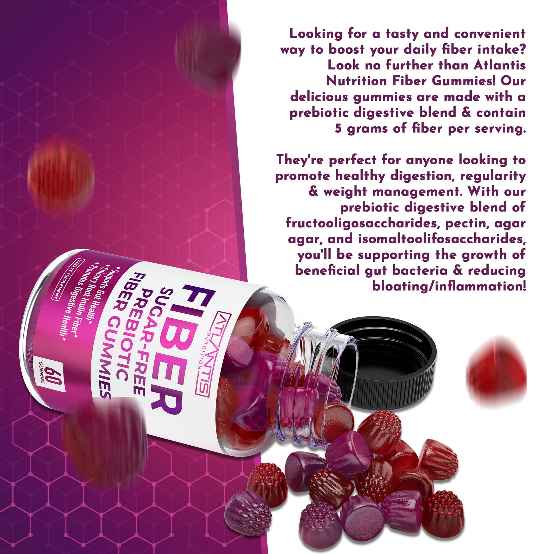 Atlantis Nutrition Sugar Free Fiber Gummies for Adults - 5G Fiber Supplement Formulated with 5.4G Prebiotic Digestive Blend/Serving - Supports Gut Health & Healthy Digestion - Maple Wellness Supplements