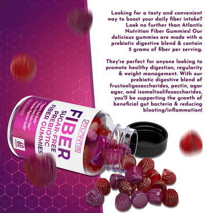 Atlantis Nutrition Sugar Free Fiber Gummies for Adults - 5G Fiber Supplement Formulated with 5.4G Prebiotic Digestive Blend/Serving - Supports Gut Health & Healthy Digestion - Maple Wellness Supplements