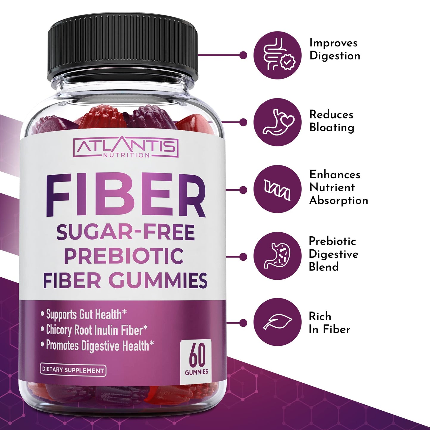 Atlantis Nutrition Sugar Free Fiber Gummies for Adults - 5G Fiber Supplement Formulated with 5.4G Prebiotic Digestive Blend/Serving - Supports Gut Health & Healthy Digestion - Maple Wellness Supplements