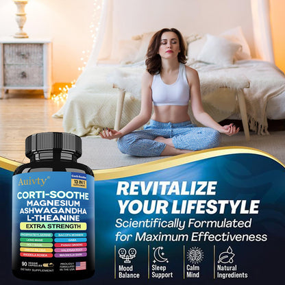 Auivty Cortisol Manager & Adrenal Support - Cortisol Reducer for Stress Relief, Calm & Sleep - 13-in-1 Adaptogen with Ashwagandha & Magnesium - 180 Capsules (2-Pack) - Maple Wellness Supplements