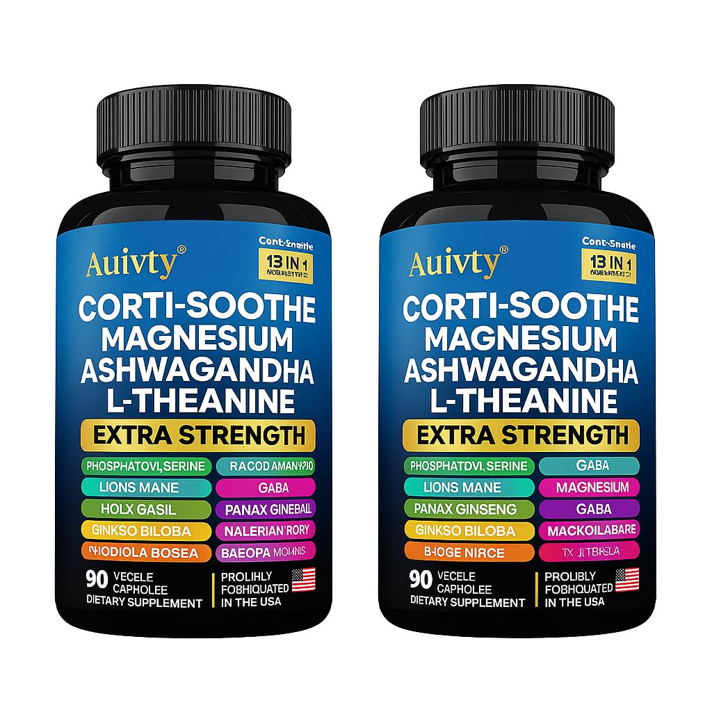 Auivty Cortisol Manager & Adrenal Support - Cortisol Reducer for Stress Relief, Calm & Sleep - 13-in-1 Adaptogen with Ashwagandha & Magnesium - 180 Capsules (2-Pack) - Maple Wellness Supplements