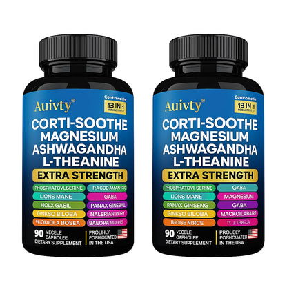 Auivty Cortisol Manager & Adrenal Support - Cortisol Reducer for Stress Relief, Calm & Sleep - 13-in-1 Adaptogen with Ashwagandha & Magnesium - 180 Capsules (2-Pack) - Maple Wellness Supplements