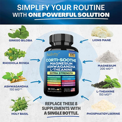 Auivty Cortisol Manager & Adrenal Support - Cortisol Reducer for Stress Relief, Calm & Sleep - 13-in-1 Adaptogen with Ashwagandha & Magnesium - 180 Capsules (2-Pack) - Maple Wellness Supplements