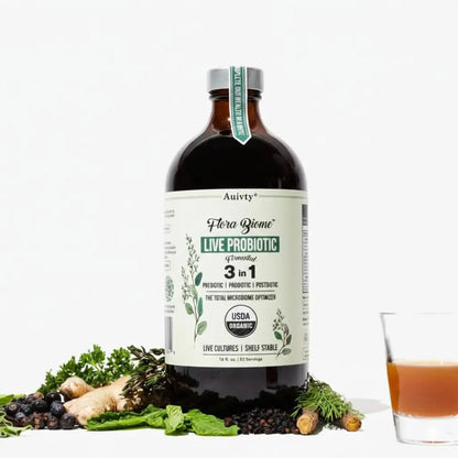 Auivty Flora Biome Live Probiotic Liquid, 3-in-1 Probiotic + Prebiotic + Postbiotic, 30 Billion CFU (at Time of Manufacture), 10 Strains, Fermented Herbal Blend with 18 Herbs, Shelf Stable, 16 fl oz - Maple Wellness Supplements