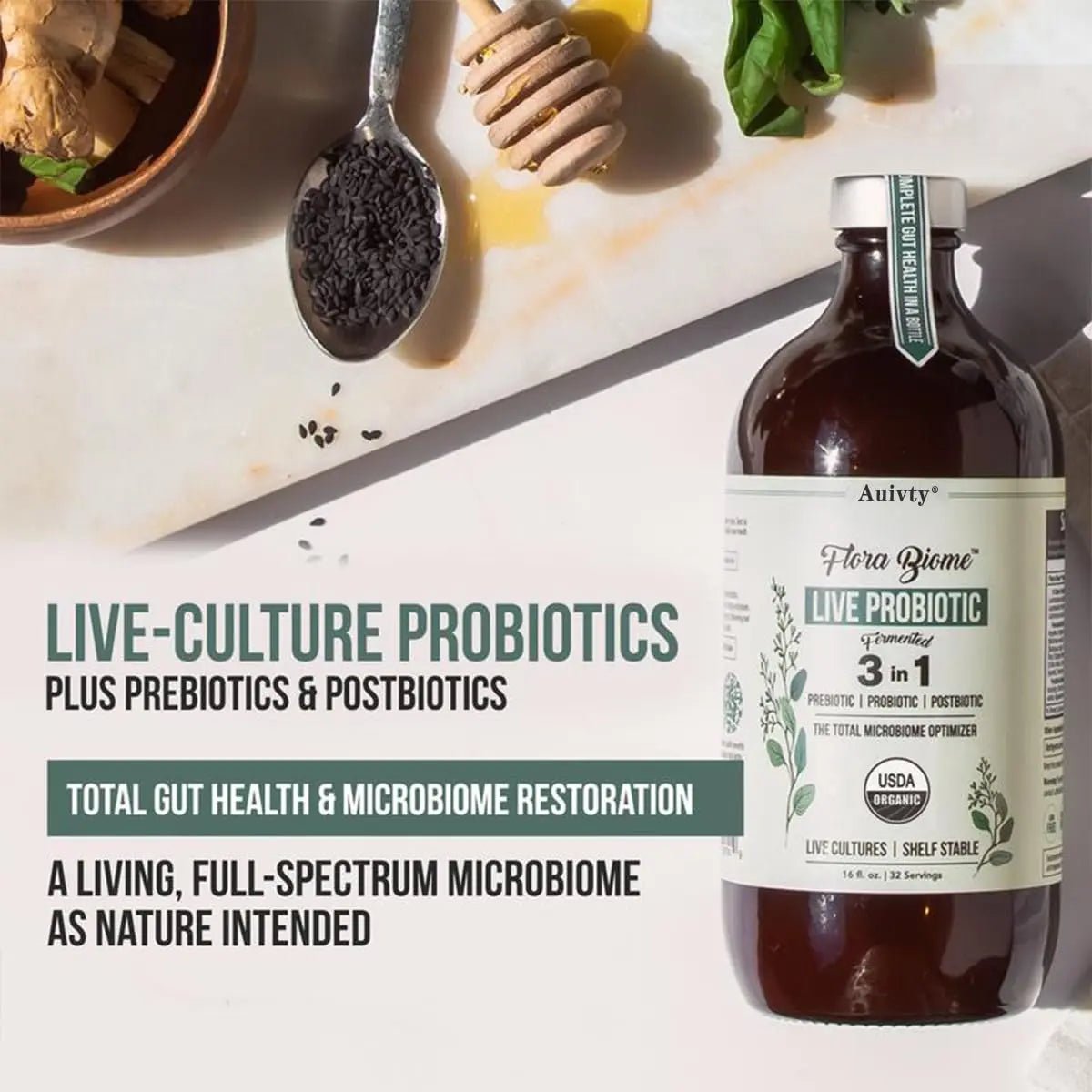 Auivty Flora Biome Live Probiotic Liquid, 3-in-1 Probiotic + Prebiotic + Postbiotic, 30 Billion CFU (at Time of Manufacture), 10 Strains, Fermented Herbal Blend with 18 Herbs, Shelf Stable, 16 fl oz - Maple Wellness Supplements