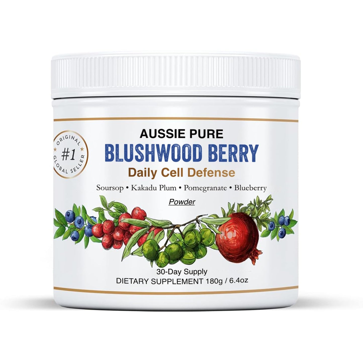 Aussie Pure Blushwood Berry Superfruit Daily Cell Defense - Soursop - Kakadu Plum - Pomegranate - Blueberry - Immune and Cell Support Powder - All Ages - Lab Tested and Authenticated - 180g/6.4oz - Maple Wellness Supplements