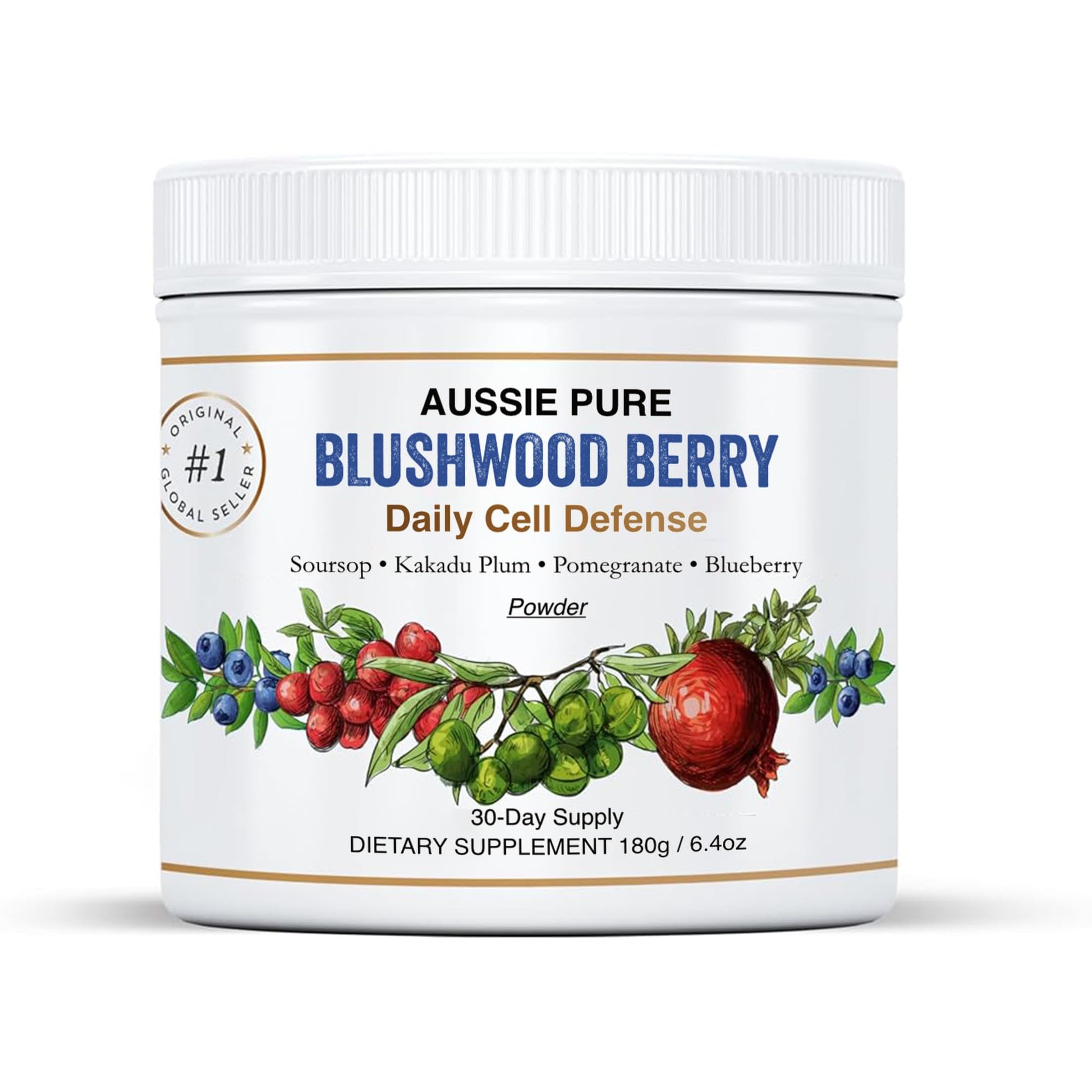 Aussie Pure Blushwood Berry Superfruit Daily Cell Defense - Soursop - Kakadu Plum - Pomegranate - Blueberry - Immune and Cell Support Powder - All Ages - Lab Tested and Authenticated - 180g/6.4oz - Maple Wellness Supplements