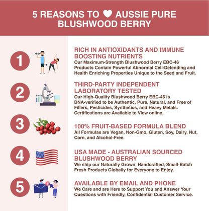 Aussie Pure Blushwood Berry Superfruit Daily Cell Defense - Soursop - Kakadu Plum - Pomegranate - Blueberry - Immune and Cell Support Powder - All Ages - Lab Tested and Authenticated - 180g/6.4oz - Maple Wellness Supplements