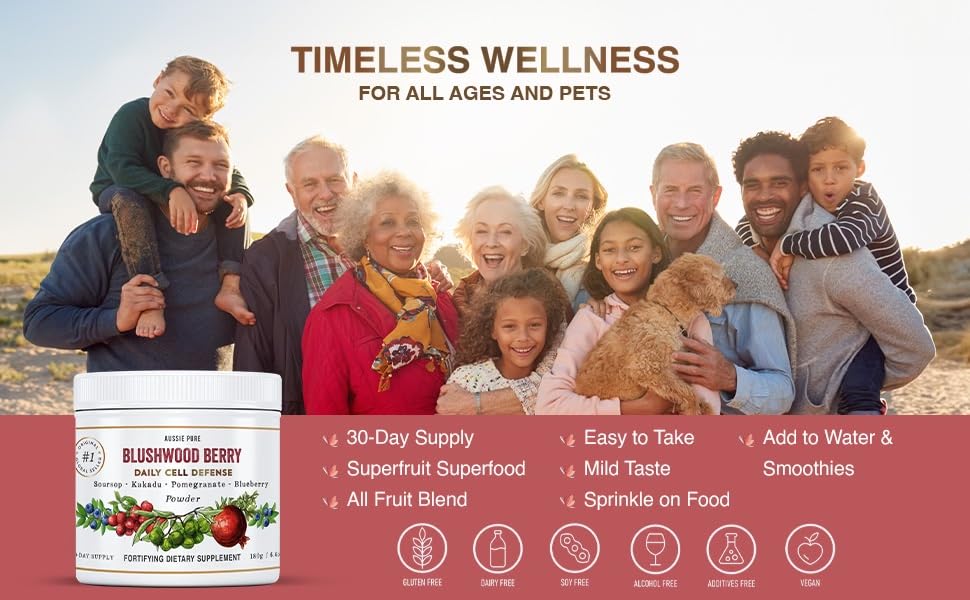 Aussie Pure Blushwood Berry Superfruit Daily Cell Defense - Soursop - Kakadu Plum - Pomegranate - Blueberry - Immune and Cell Support Powder - All Ages - Lab Tested and Authenticated - 180g/6.4oz - Maple Wellness Supplements