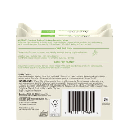 Aveeno Positively Radiant Makeup Remover Wipes, Oil Free, Alcohol Free, Non-Comedogenic Facial Cleansing Wipes, Gentle Face Wipes for Sensitive Skin - Maple Wellness Supplements