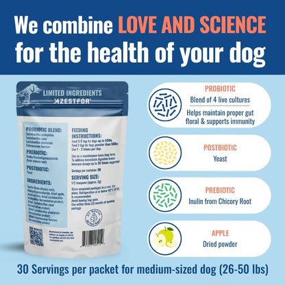 Azestfor Gut Health Supplement for Dogs – 3 in 1 Probiotic, Prebiotic & Postbiotic Blend – Supports Digestion, Immunity & Skin – Easy-to-Use Powder – for All Breeds & Sizes – 60g (30 Servings) - Maple Wellness Supplements