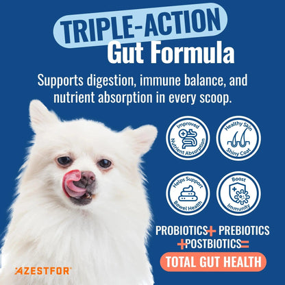 Azestfor Gut Health Supplement for Dogs – 3 in 1 Probiotic, Prebiotic & Postbiotic Blend – Supports Digestion, Immunity & Skin – Easy-to-Use Powder – for All Breeds & Sizes – 60g (30 Servings) - Maple Wellness Supplements