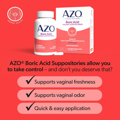 AZO® Boric Acid Vaginal Suppositories for Women, Helps Support Odor Control with Clinically Studied Boric Acid, Non-GMO, 30 Count - Maple Wellness Supplements