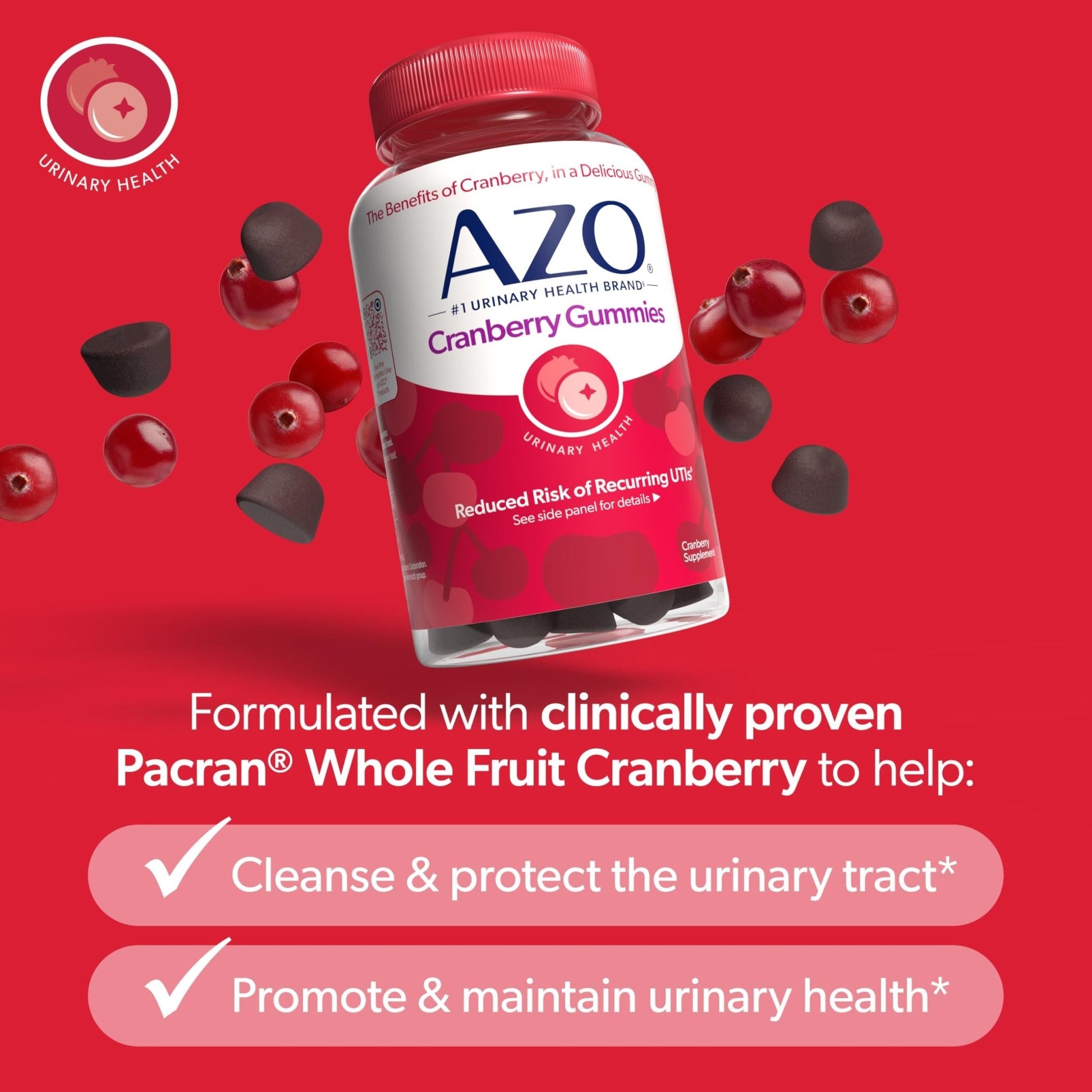 AZO Cranberry Urinary Tract Health Gummies Dietary Supplement, 2 Gummies = 1 Glass of Cranberry Juice, Helps Cleanse & Protect - Maple Wellness Supplements