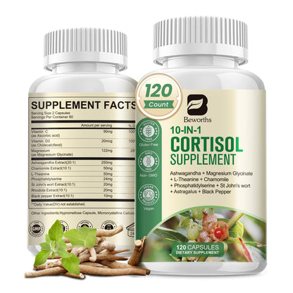B BEWORTHS Cortisol Supplements for Women Men, 10-in-1 Cortisol Detox with Ashwagandha, Magnesium, L-Theanine, Balanced Cortisol Levels, Night & Calm Support, 120 Vegan Capsules - Maple Wellness Supplements