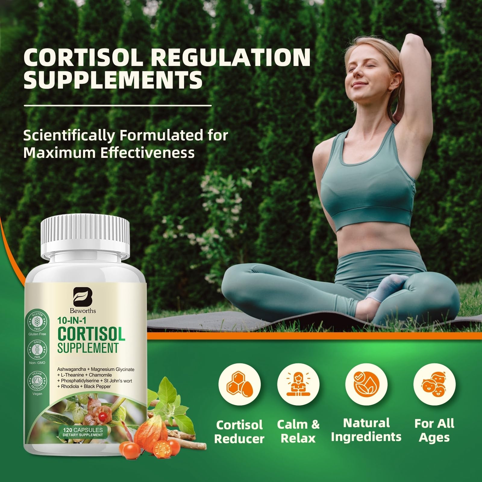 B BEWORTHS Cortisol Supplements for Women Men, 10-in-1 Cortisol Detox with Ashwagandha, Magnesium, L-Theanine, Balanced Cortisol Levels, Night & Calm Support, 120 Vegan Capsules - Maple Wellness Supplements