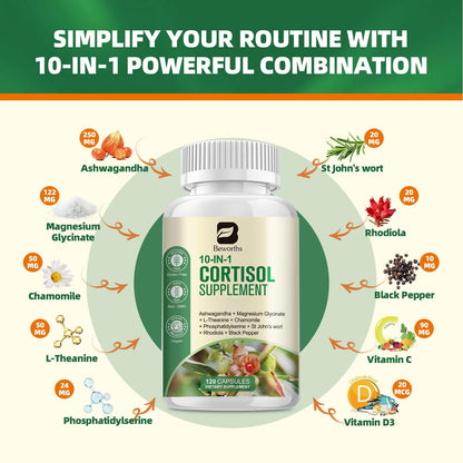 B BEWORTHS Cortisol Supplements for Women Men, 10-in-1 Cortisol Detox with Ashwagandha, Magnesium, L-Theanine, Balanced Cortisol Levels, Night & Calm Support, 120 Vegan Capsules - Maple Wellness Supplements