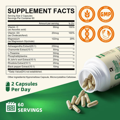 B BEWORTHS Cortisol Supplements for Women Men, 10-in-1 Cortisol Detox with Ashwagandha, Magnesium, L-Theanine, Balanced Cortisol Levels, Night & Calm Support, 120 Vegan Capsules - Maple Wellness Supplements