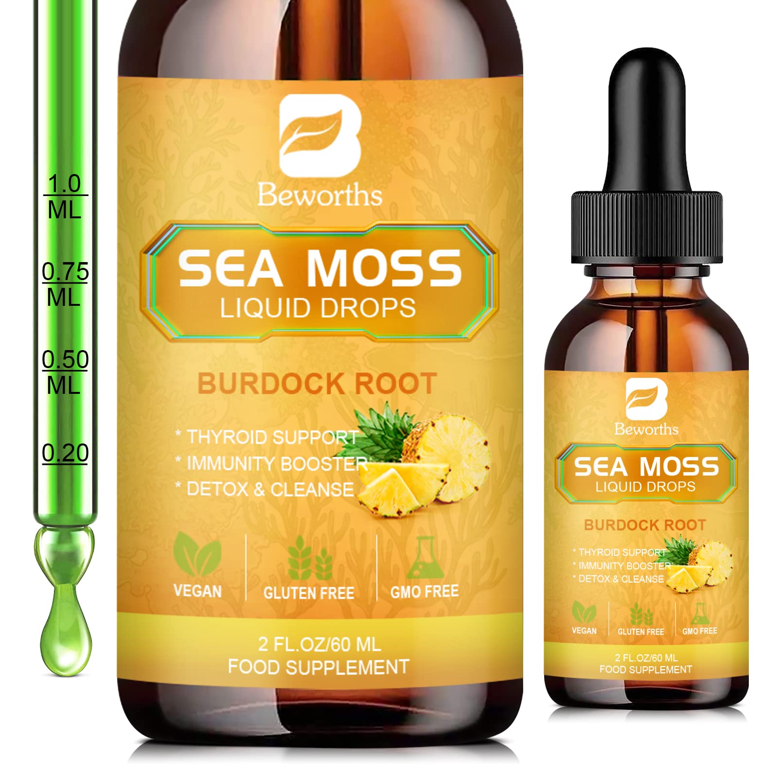 B BEWORTHS Sea Moss Liquid Drops - Organic Irish Sea Moss Gel with Burdock Root - Maple Wellness Supplements