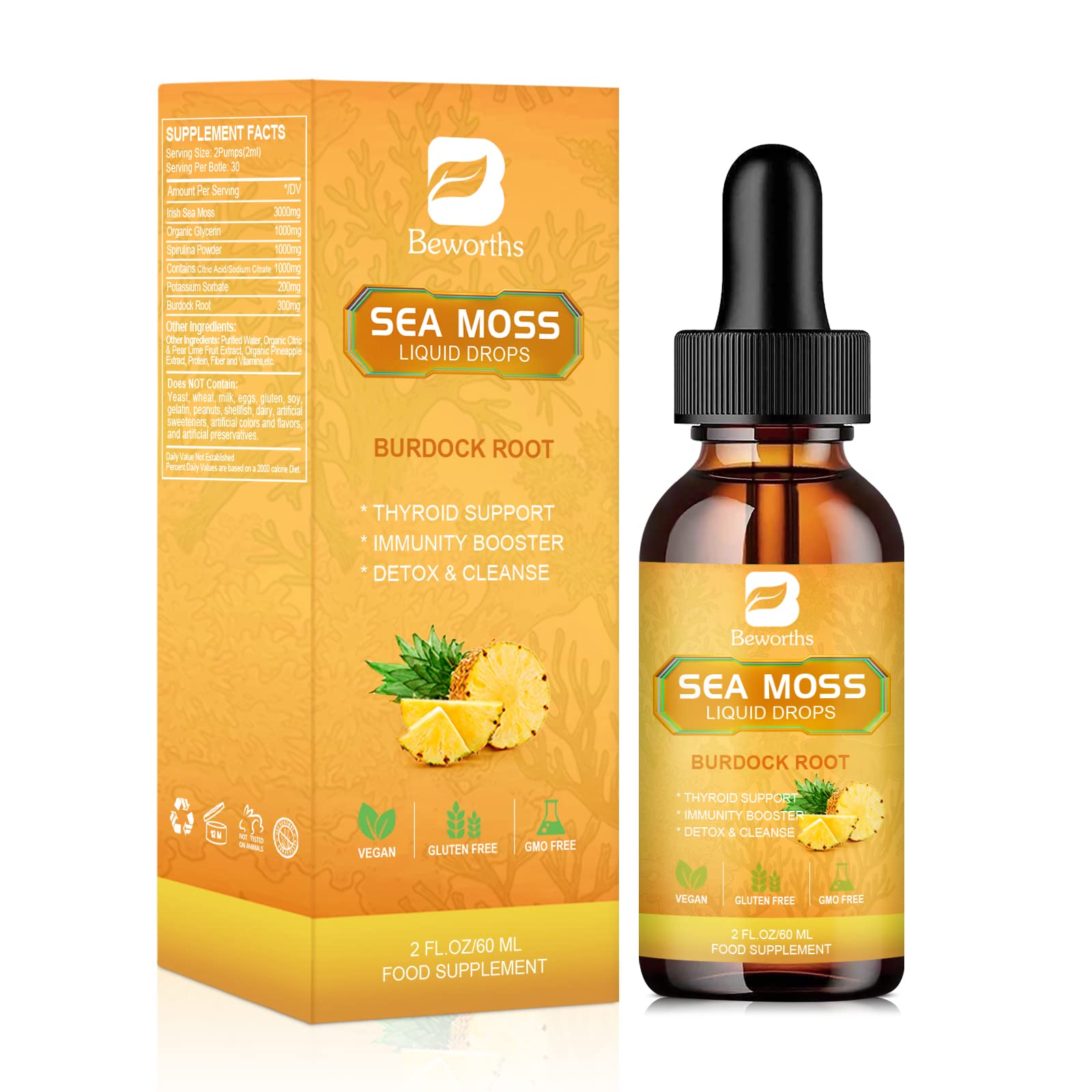 B BEWORTHS Sea Moss Liquid Drops - Organic Irish Sea Moss Gel with Burdock Root - Maple Wellness Supplements