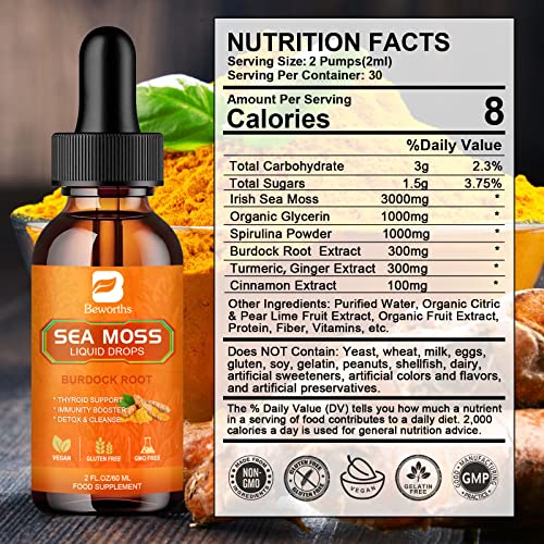 B BEWORTHS Sea Moss Liquid Drops - Organic Irish Sea Moss Raw Gel with Burdock Root - Maple Wellness Supplements