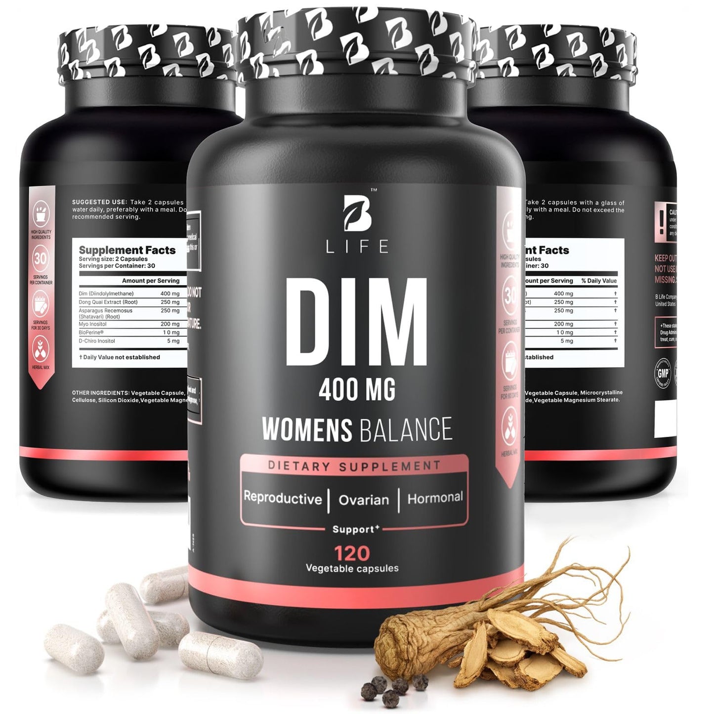 B Life Company DIM Supplement 400 mg with Myo & D-Chiro Inositol, Dong Quai – Hormone Balance for Women – Fertility Supplements – Inositol Supplement - 120 Caps - Maple Wellness Supplements