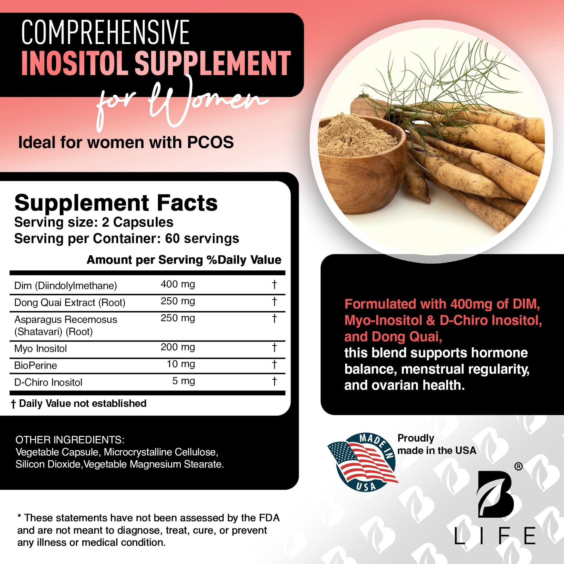 B Life Company DIM Supplement 400 mg with Myo & D-Chiro Inositol, Dong Quai – Hormone Balance for Women – Fertility Supplements – Inositol Supplement - 120 Caps - Maple Wellness Supplements