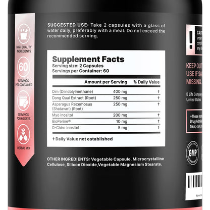 B Life Company DIM Supplement 400 mg with Myo & D-Chiro Inositol, Dong Quai – Hormone Balance for Women – Fertility Supplements – Inositol Supplement - 120 Caps - Maple Wellness Supplements