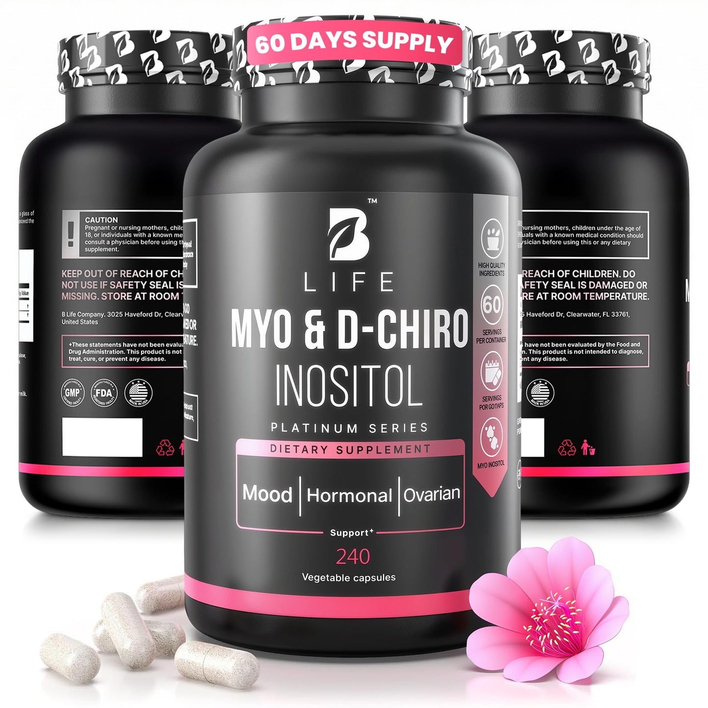 B Life Company Myo-Inositol & D-Chiro Inositol 40:1 for Women | I Inositol Supplement for Women | Hormone Balance, Fertility & Cycle | Vitamin B8, Insulin & Flo Ovarian Support | 240 Caps - Maple Wellness Supplements
