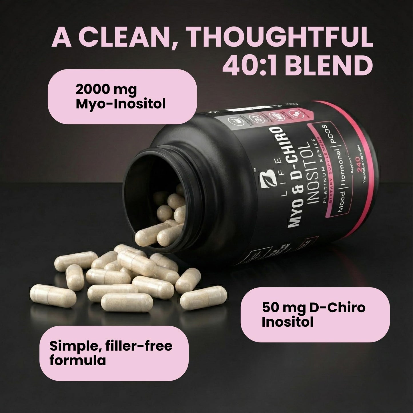 B Life Company Myo-Inositol & D-Chiro Inositol 40:1 for Women | I Inositol Supplement for Women | Hormone Balance, Fertility & Cycle | Vitamin B8, Insulin & Flo Ovarian Support | 240 Caps - Maple Wellness Supplements