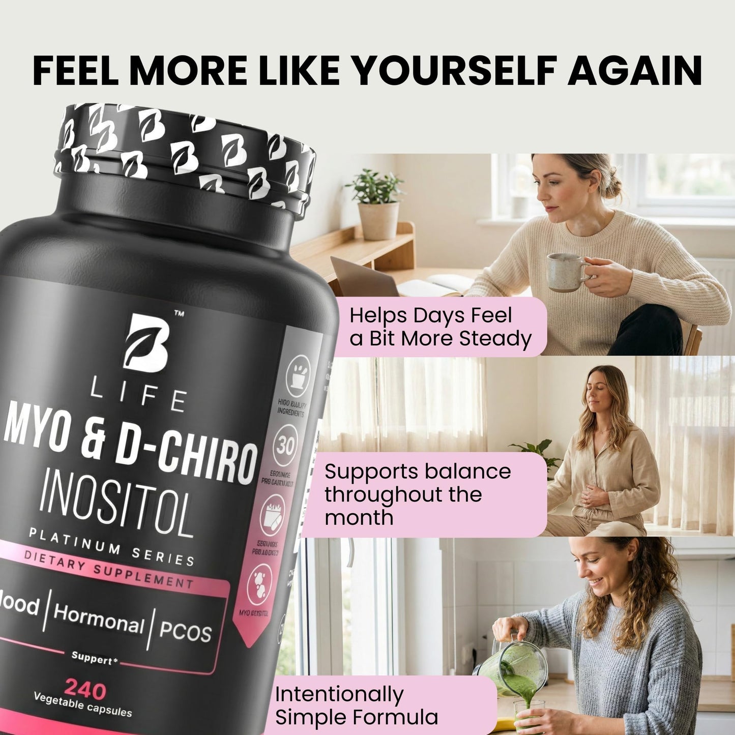 B Life Company Myo-Inositol & D-Chiro Inositol 40:1 for Women | I Inositol Supplement for Women | Hormone Balance, Fertility & Cycle | Vitamin B8, Insulin & Flo Ovarian Support | 240 Caps - Maple Wellness Supplements