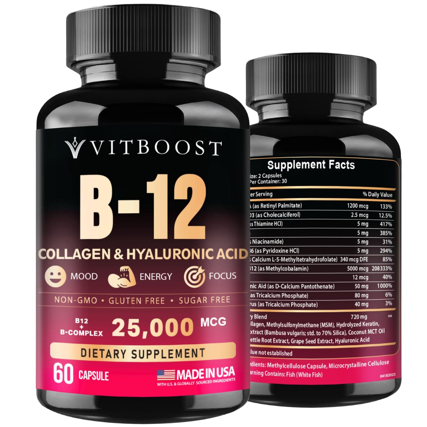 B12 with Hyaluronic Acid, Collagen and Folate – 25000 mcg B12 Complex | Maximize Absorption & Energy | Gluten Free USA Made, B1, B2, B3, B6, B7, B12 vitamins 5000 mcg - Maple Wellness Supplements