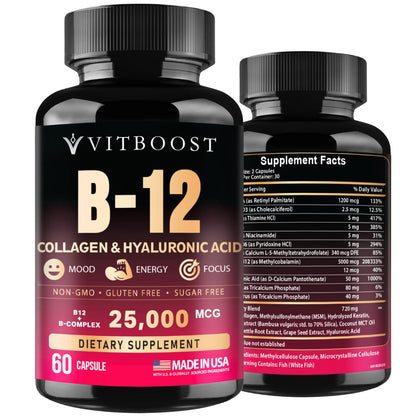 B12 with Hyaluronic Acid, Collagen and Folate – 25000 mcg B12 Complex | Maximize Absorption & Energy | Gluten Free USA Made, B1, B2, B3, B6, B7, B12 vitamins 5000 mcg - Maple Wellness Supplements
