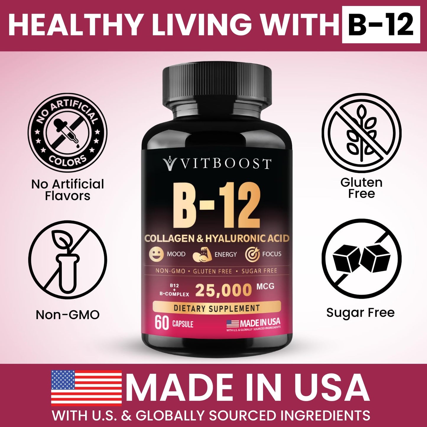 B12 with Hyaluronic Acid, Collagen and Folate – 25000 mcg B12 Complex | Maximize Absorption & Energy | Gluten Free USA Made, B1, B2, B3, B6, B7, B12 vitamins 5000 mcg - Maple Wellness Supplements