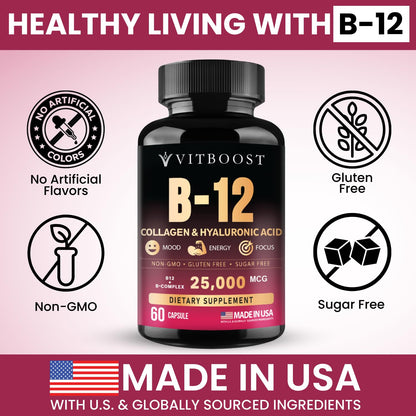 B12 with Hyaluronic Acid, Collagen and Folate – 25000 mcg B12 Complex | Maximize Absorption & Energy | Gluten Free USA Made, B1, B2, B3, B6, B7, B12 vitamins 5000 mcg - Maple Wellness Supplements