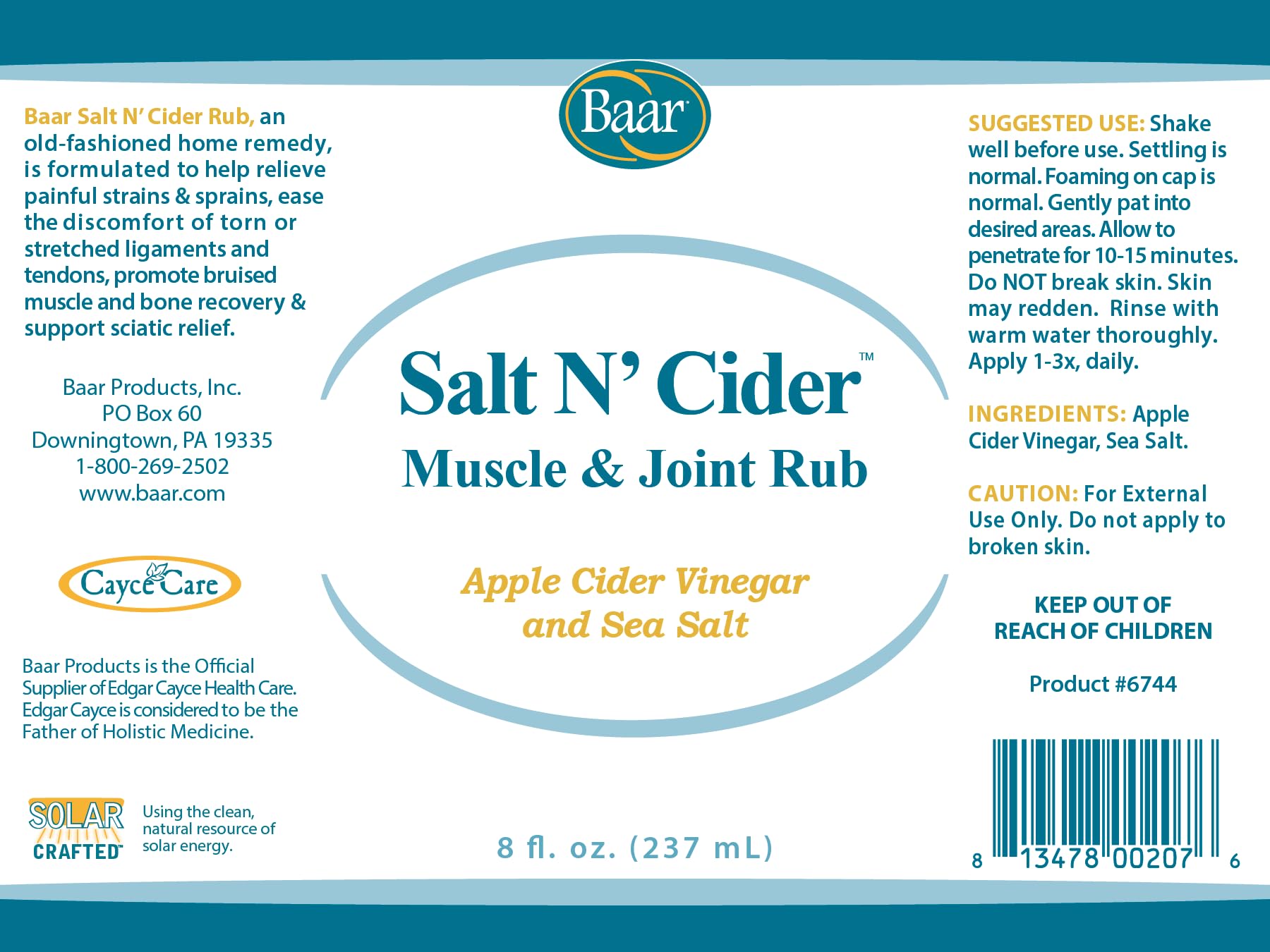 Baar Salt N' Cider Rub - Aids Bruised Ligaments & Tendons, Strains, Sprains & Bone Recovery, 8 fl. oz. - Maple Wellness Supplements