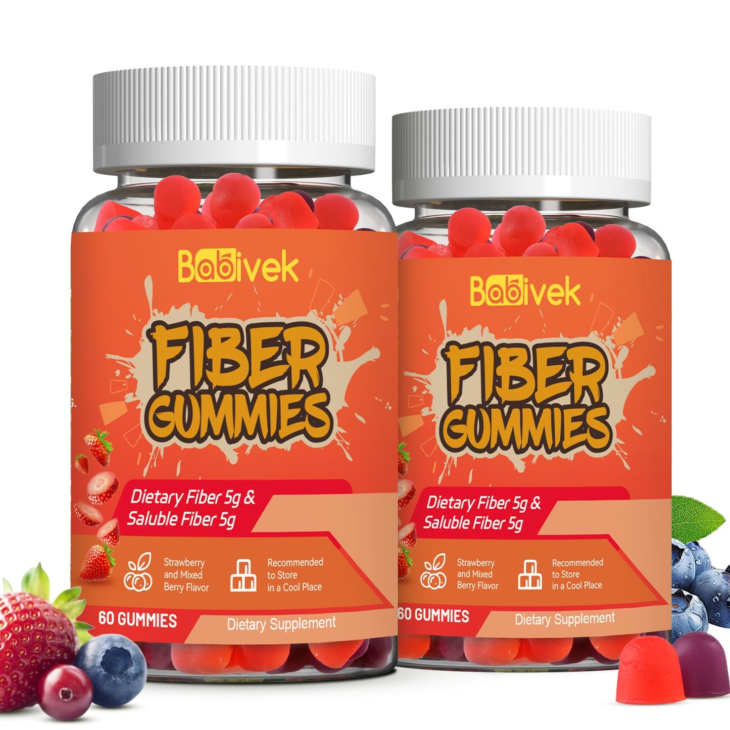 Babivek Fiber Gummies for Women and Men – Dietary Fiber, Gut Health Support, Vegan, Non-GMO, Non-Gluten, Mixed Berry & Strawberry Flavors, 60 Count(Pack of 2) - Maple Wellness Supplements