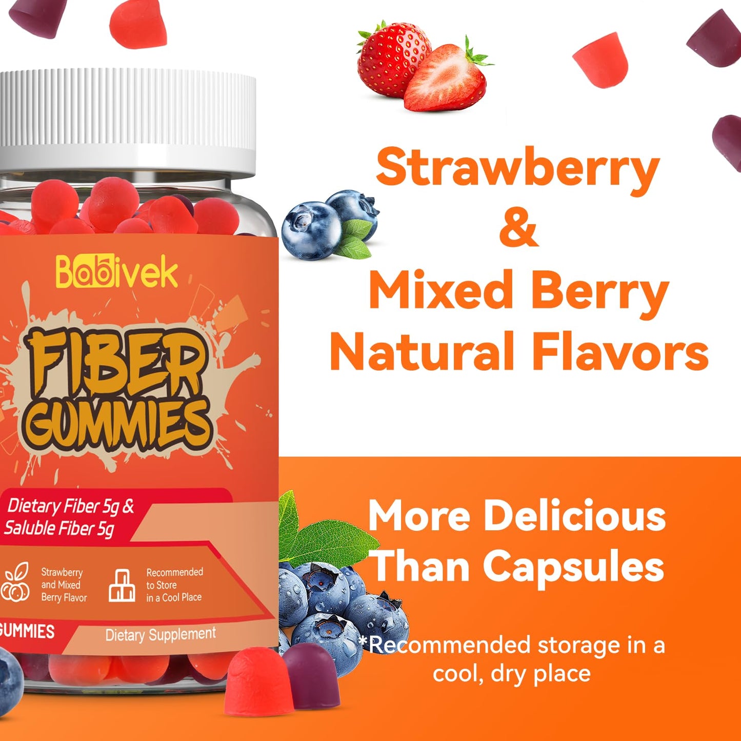 Babivek Fiber Gummies for Women and Men – Dietary Fiber, Gut Health Support, Vegan, Non-GMO, Non-Gluten, Mixed Berry & Strawberry Flavors, 60 Count(Pack of 2) - Maple Wellness Supplements