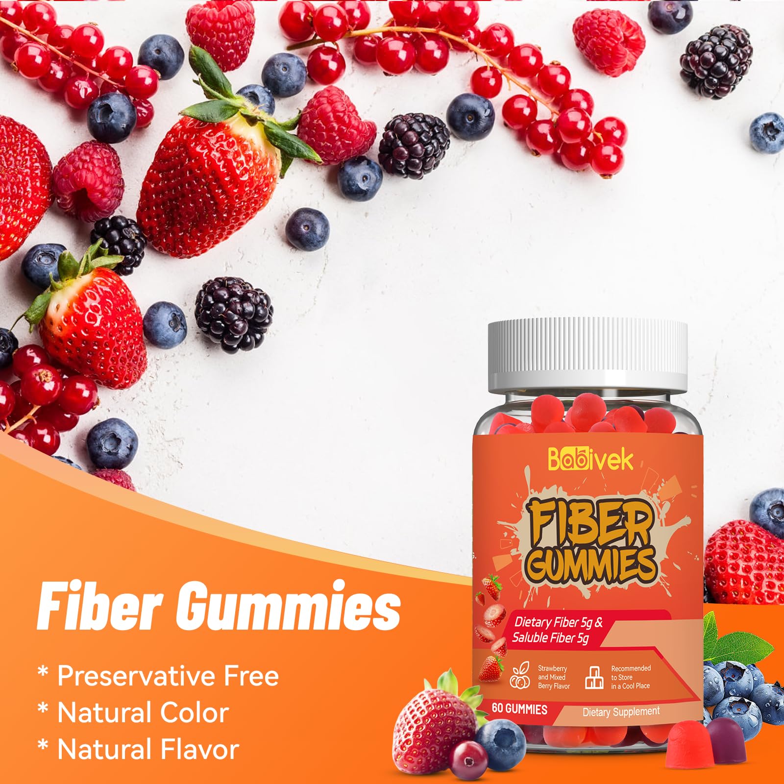 Babivek Fiber Gummies for Women and Men – Dietary Fiber, Gut Health Support, Vegan, Non-GMO, Non-Gluten, Mixed Berry & Strawberry Flavors, 60 Count(Pack of 2) - Maple Wellness Supplements