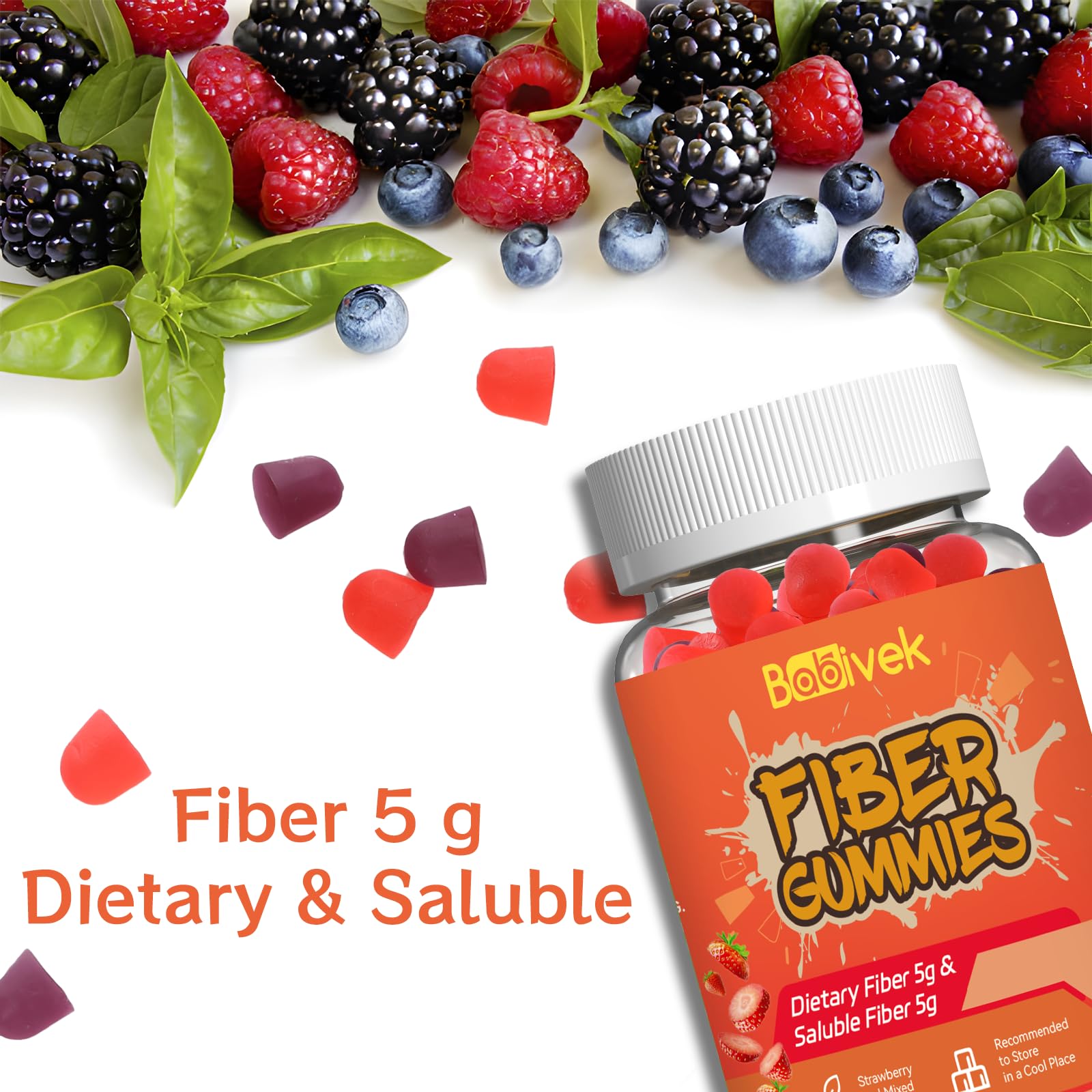 Babivek Fiber Gummies for Women and Men – Dietary Fiber, Gut Health Support, Vegan, Non-GMO, Non-Gluten, Mixed Berry & Strawberry Flavors, 60 Count(Pack of 2) - Maple Wellness Supplements