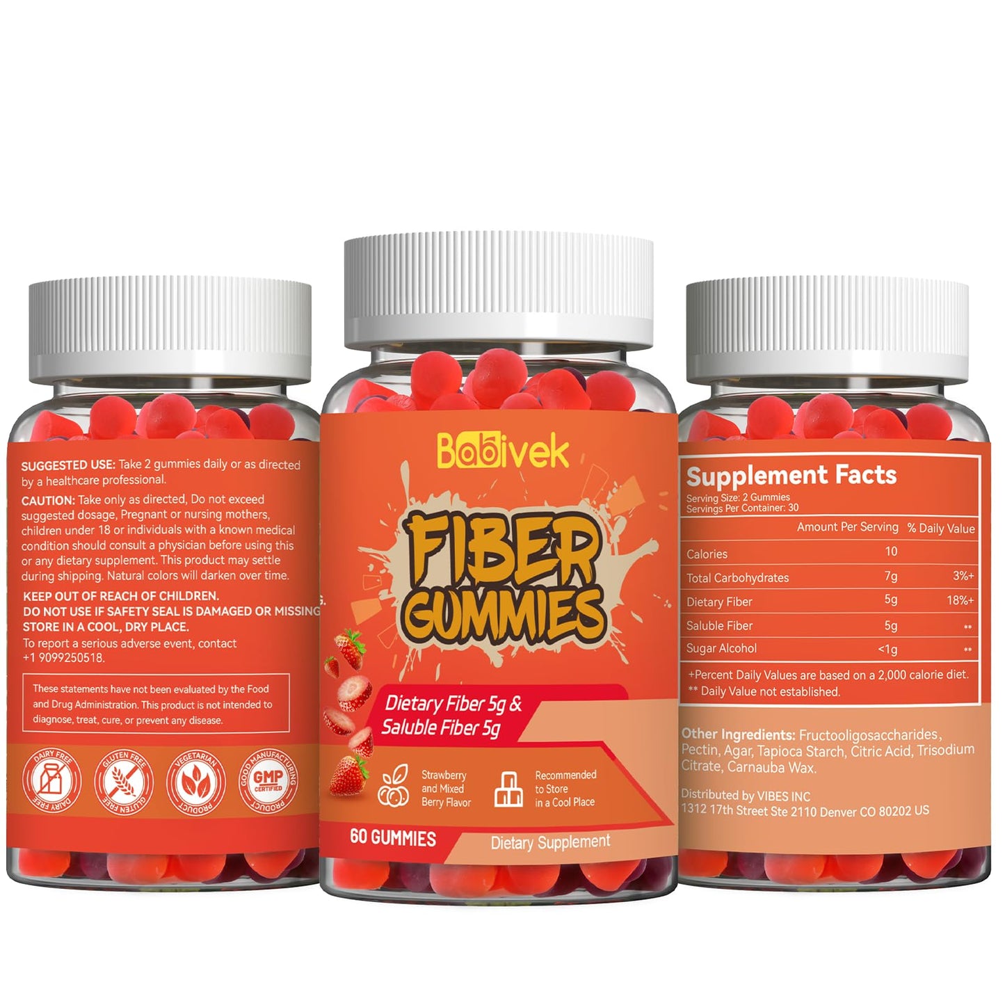 Babivek Fiber Gummies for Women and Men – Dietary Fiber, Gut Health Support, Vegan, Non-GMO, Non-Gluten, Mixed Berry & Strawberry Flavors, 60 Count(Pack of 2) - Maple Wellness Supplements