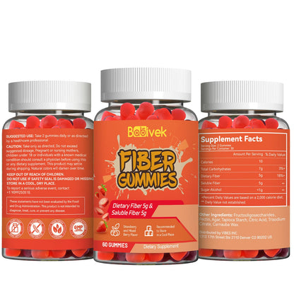 Babivek Fiber Gummies for Women and Men – Dietary Fiber, Gut Health Support, Vegan, Non-GMO, Non-Gluten, Mixed Berry & Strawberry Flavors, 60 Count(Pack of 2) - Maple Wellness Supplements