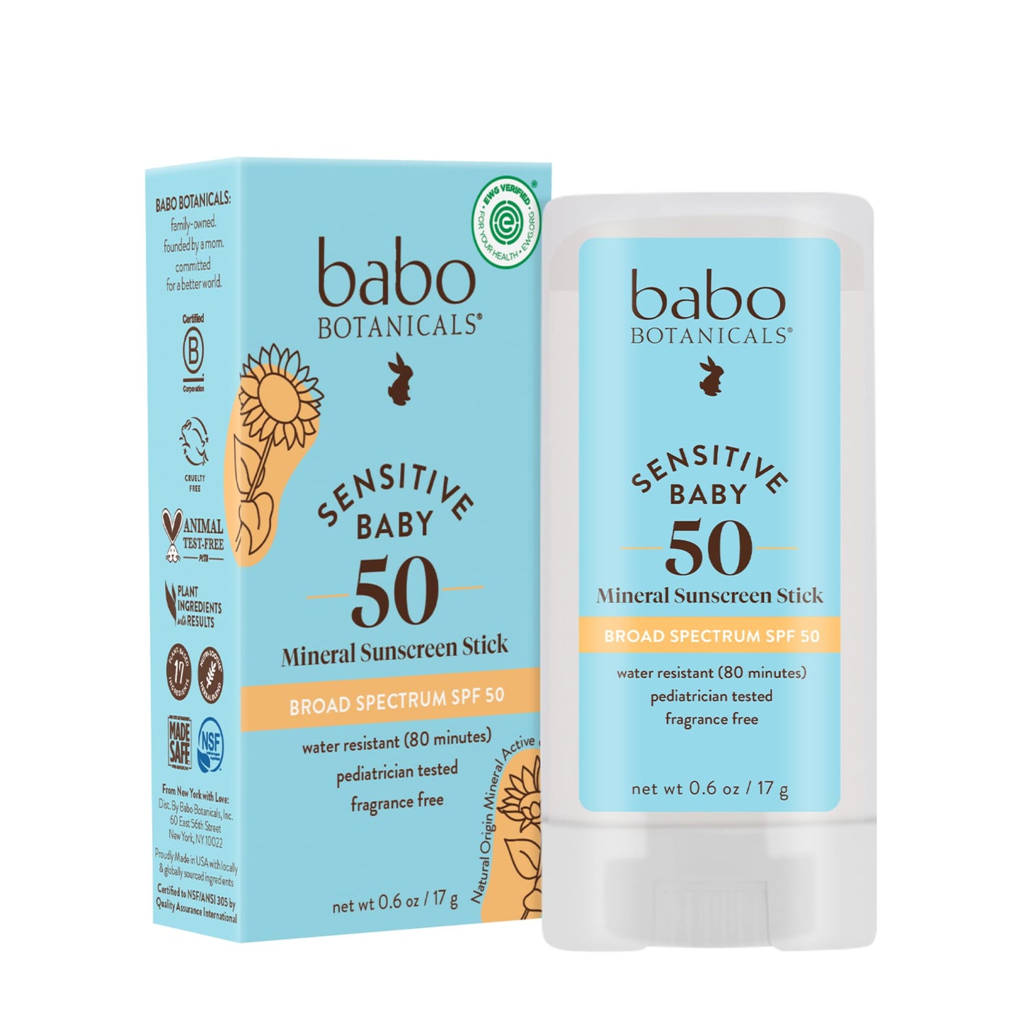 Babo Botanicals Sensitive Baby Mineral Sunscreen Stick SPF 50 - 70% Organic Ingredients - Zinc Oxide - NSF & MADE SAFE and EWG Certified - Maple Wellness Supplements
